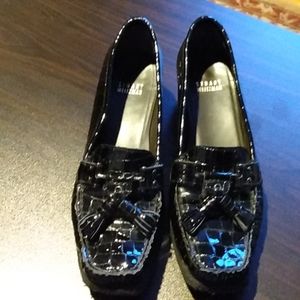 Stuart Weissman beautiful Pat and leather wedge heal loafers shoes